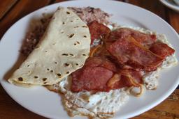 ham eggs gallo pinto corn tortilla