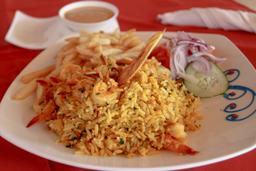 rice and shrimp at bar restaurant pizzeria playa carmen