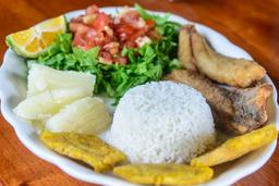 tilapia filet with patacones boild cassava rice and salad lunch waterfall tour manuel antonio