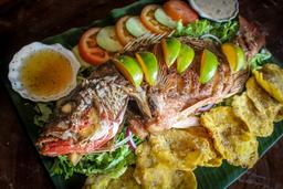 whole fish with limes and patacones casa el tortugo