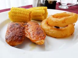 sausage onion rings and corn from lunch buffet at mastico restaurant