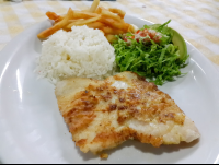        fish filet with salad rice and french fries at perla del sur restaurant 
  - Costa Rica